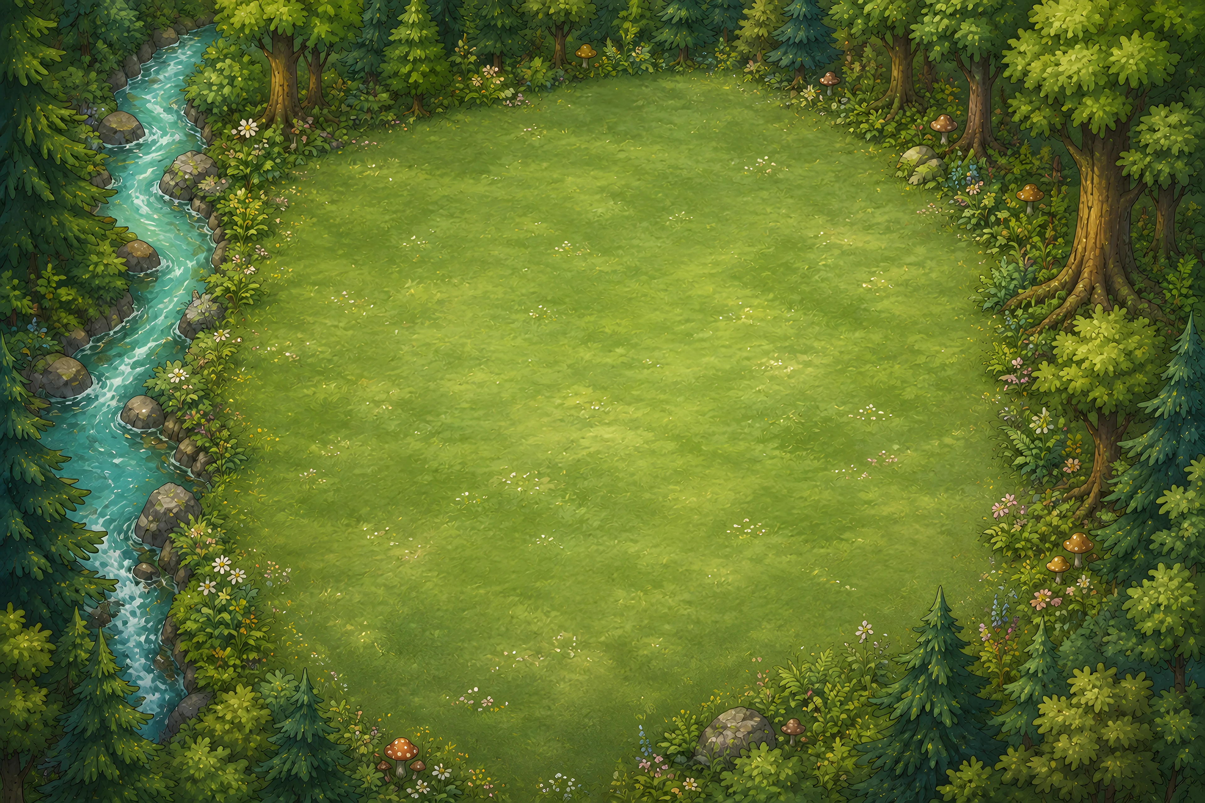 Painted forest terrain used in Capybara Treasure Trails, with winding paths and grassy clearings